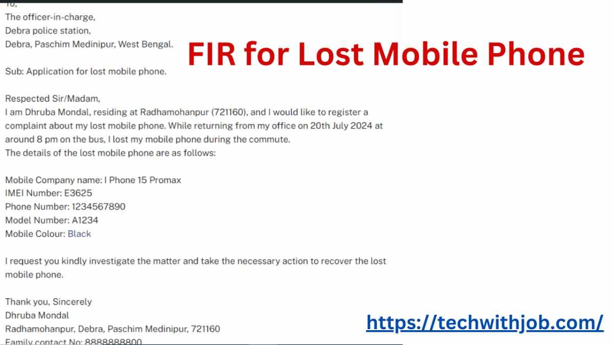 FIR letter for Lost Mobile Phone